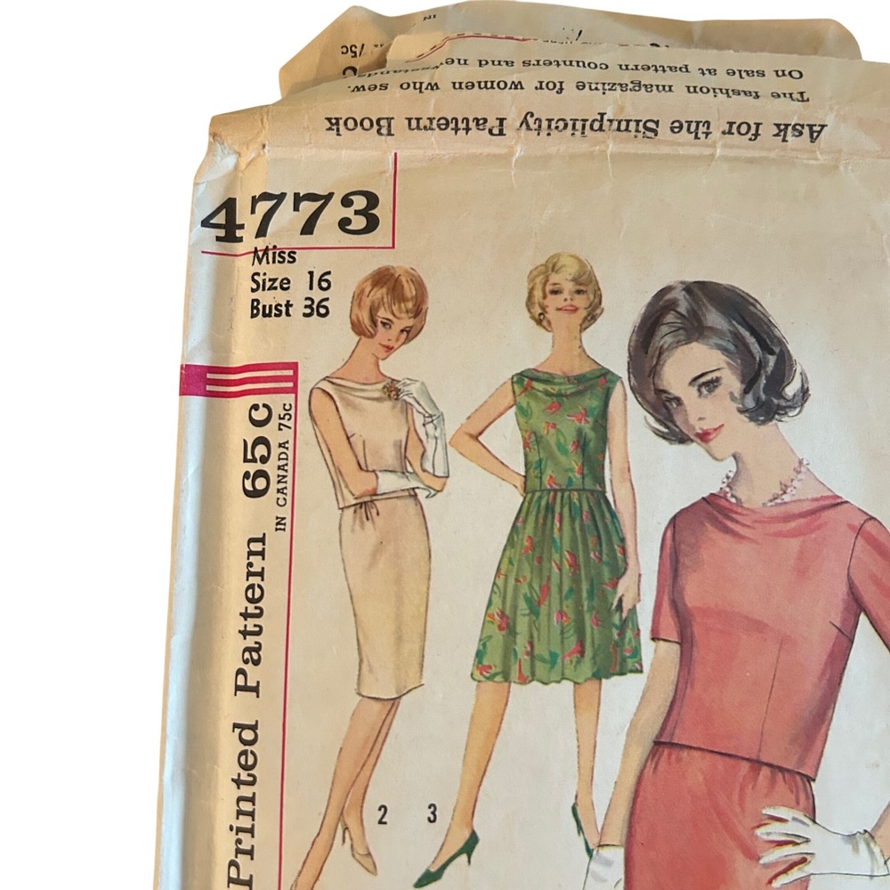 Vintage 1960s Simplicity 4773 Sewing Pattern Misses 16 Bust 36 Cowl Neck Dress - Picture 2 of 4